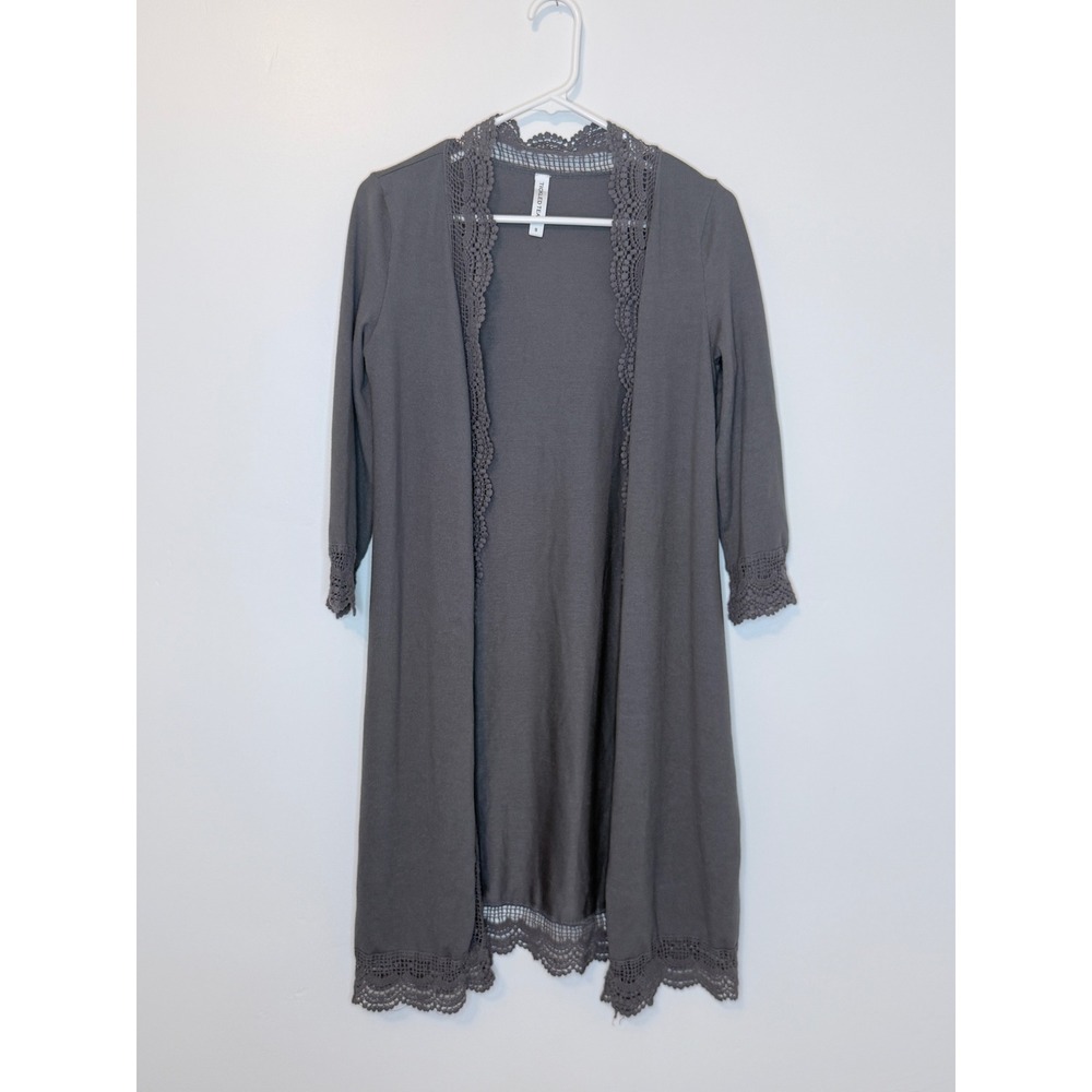 Tickled Teal Gray Crochet Laceβ Trim Open Front Longline Cardigan S